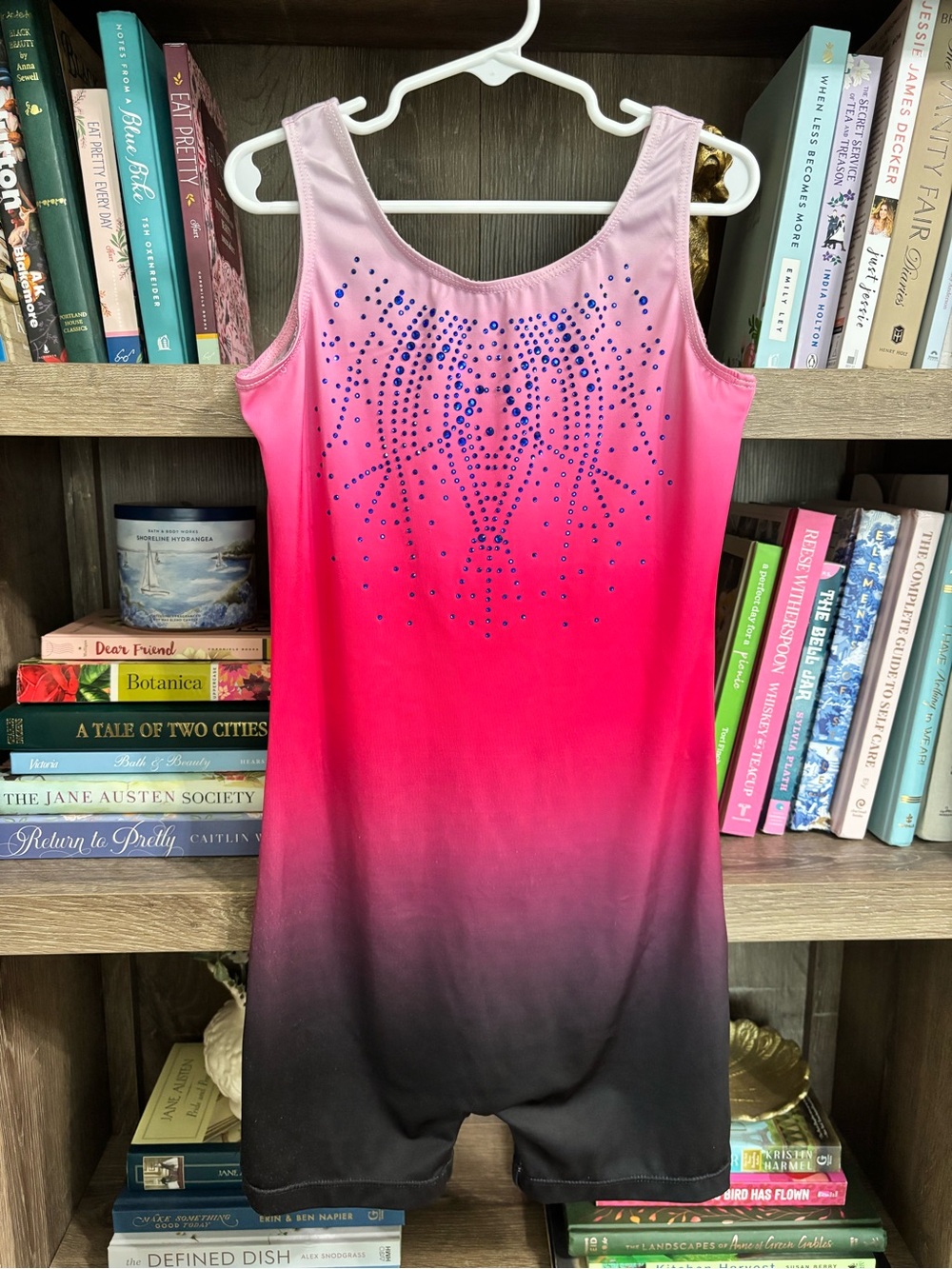 Gymnastics Leotard- Pink Ombre with Blue Rhinestones, Size 160